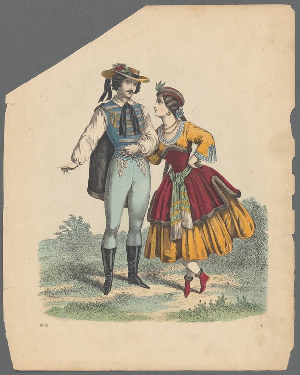 Two figures in ornate folk costume stand facing each other in conversation, male in embroidered blue jacket and plumed hat, female in red and yellow dress with