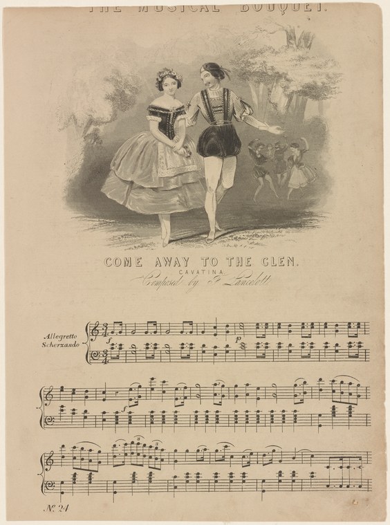 Two figures in 19th-century costume pose in a romantic encounter in a wooded landscape; sheet music cover illustration.