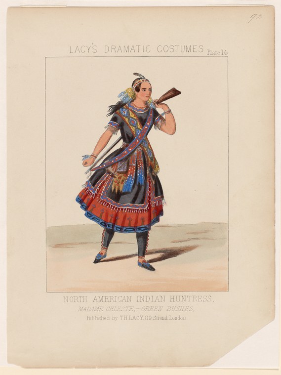 A performer in elaborate blue and gold brocade tunic with red ruffled skirt and feathered headdress holds a rifle, posed dynamically in a theatrical hunting