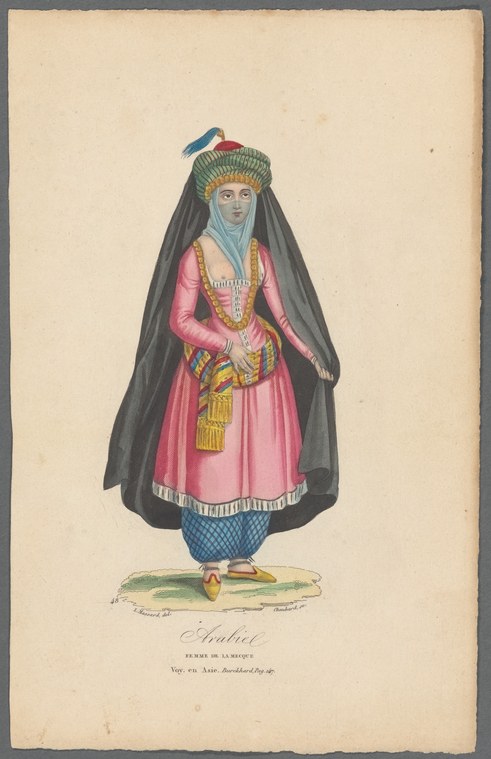 Woman in pink dress and tall white headdress with dark veil, holding decorative belt, standing in formal pose. Labeled 'Ambler.'
