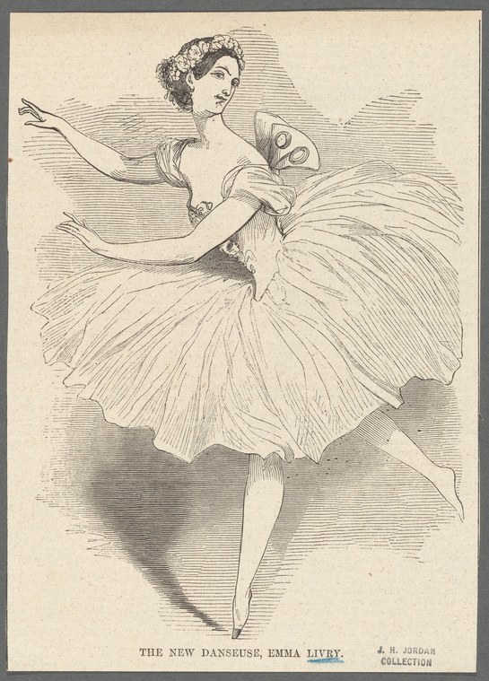 Young woman in a Romantic-era tutu and off-shoulder bodice, suspended in mid-leap with one leg extended high, arms raised, wearing small wings on her back.