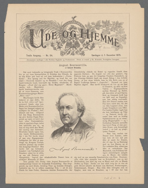 Portrait engraving of August Bournonville, gray-haired and formally dressed, from a Danish periodical dated December 1879.