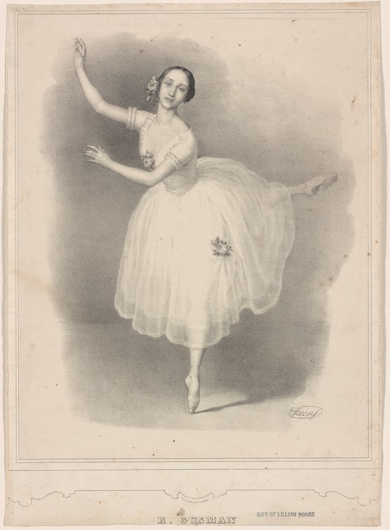 Female ballet dancer suspended in mid-leap, white tulle skirt, pale bodice, arms extended, against a soft gray background.