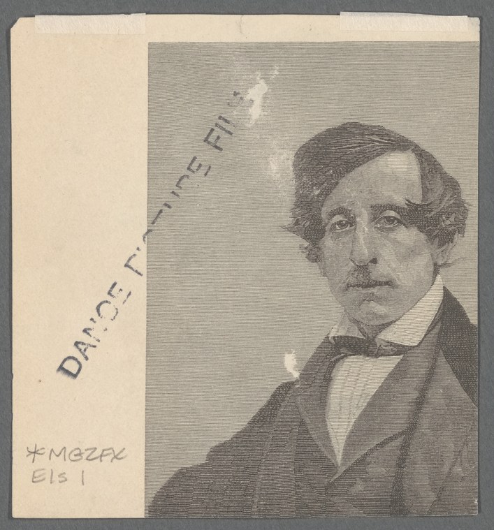 Engraved portrait of a man in dark coat and bow tie, inscribed Fanny Elssler.