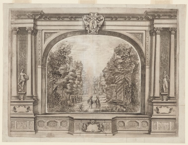 Engraved theatre proscenium with fluted columns and cartouche, framing a tree-lined avenue with small figures in courtly dress.