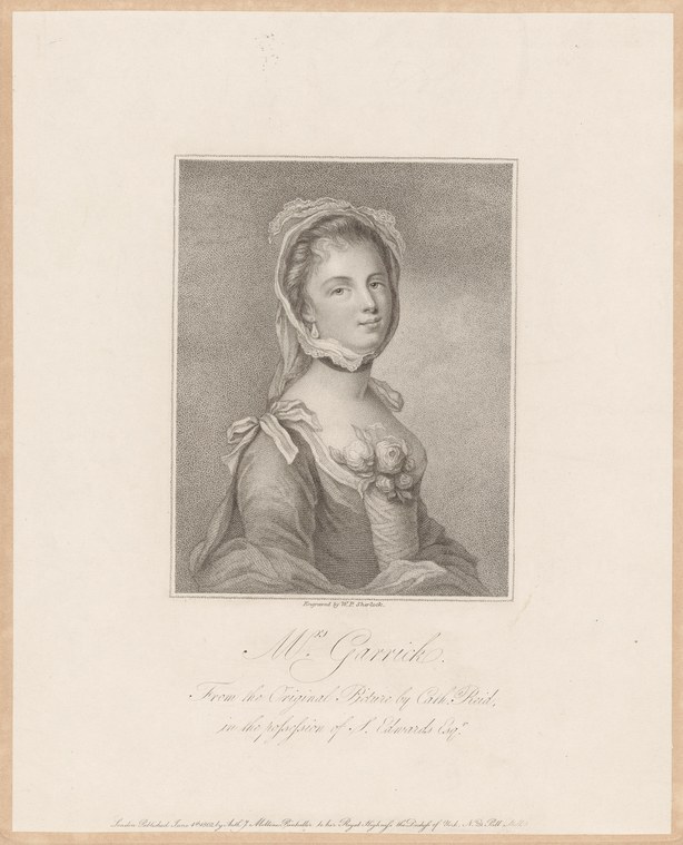 Engraved portrait of a young woman in late eighteenth-century dress, standing in elegant asymmetrical posture with linen cap and low-necked gown.