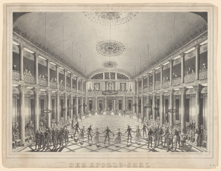 Engraving of a vast formal ballroom with columned arcade, geometric floor, and dozens of figures in 18th-century dress distributed in pairs and groups.