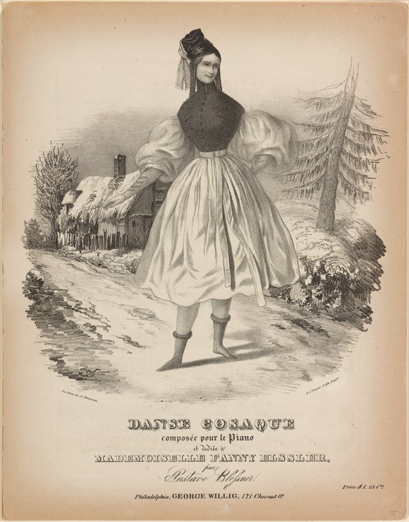 Fanny Elssler in theatrical costume stands alone in a mountain landscape, posed mid-dance with lifted leg and tall headdress.