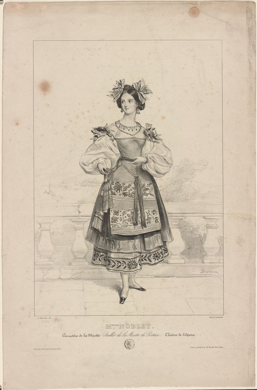 Full-length engraved portrait of a female dancer in early 19th-century theatrical costume with feathered headdress and embroidered skirt, standing in formal