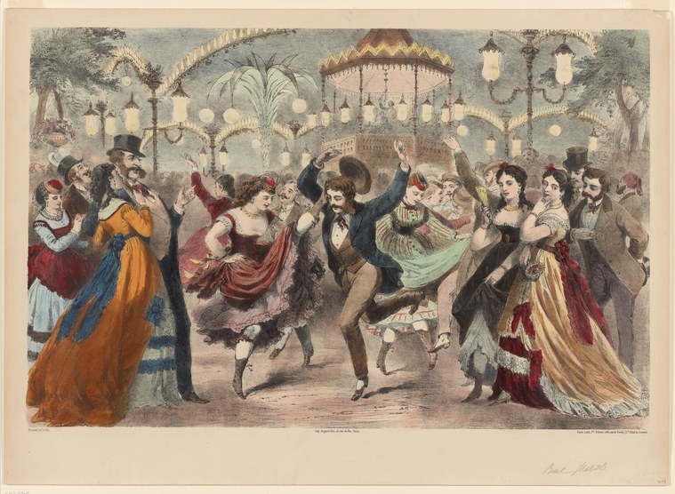 Festive outdoor dance scene at a pavilion with lanterns, couples waltzing in formal dress, spectators in bright-coloured skirts watching and dancing.