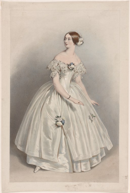 Young woman in white Romantic-era ballet gown, standing poised with flowers, lithographic portrait.