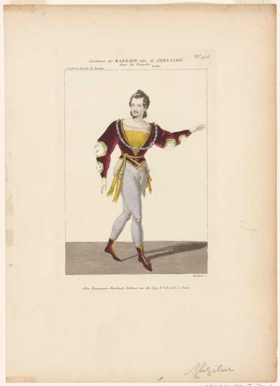 A male dancer in burgundy velvet coat and breeches stands with turned-out legs, one arm extended, against a neutral ground.