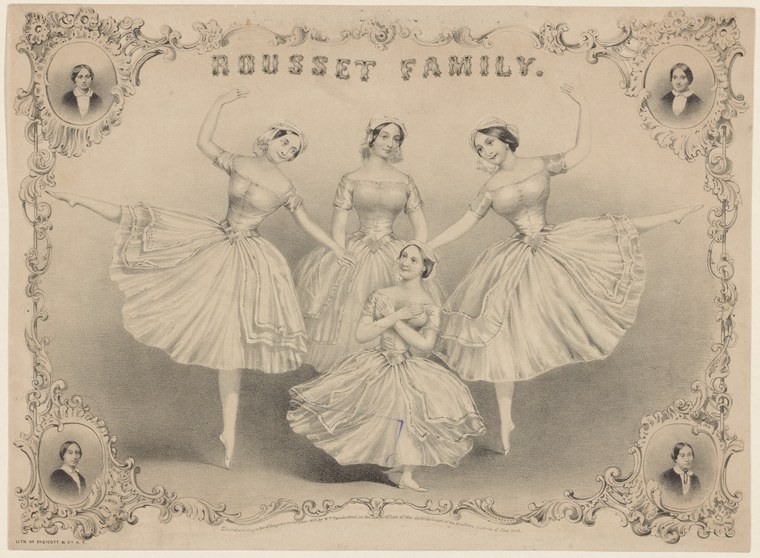 Four women in classical ballet dress pose in formal attitudes within an ornate neoclassical border.