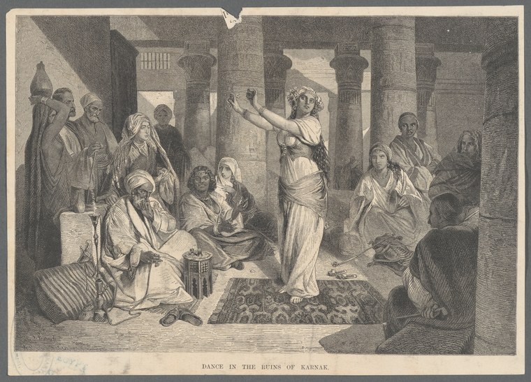 Wood engraving of a soloist in classical drapery dancing in Karnak ruins, surrounded by seated spectators in Middle Eastern dress.