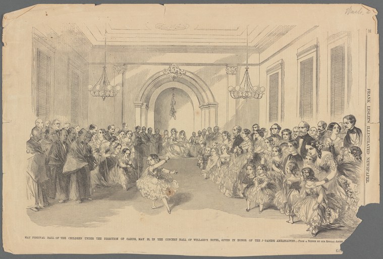 Engraving of children performing a formal dance in an ornate ballroom hall, surrounded by spectators in 1860s dress lining the walls.