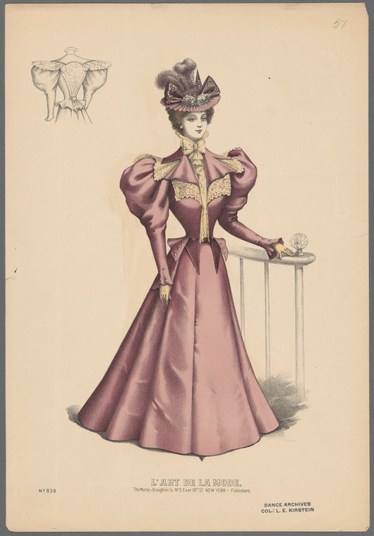 Woman in 1890s purple ballroom gown with exaggerated sleeves, standing in poised waltz position, hand resting on table.