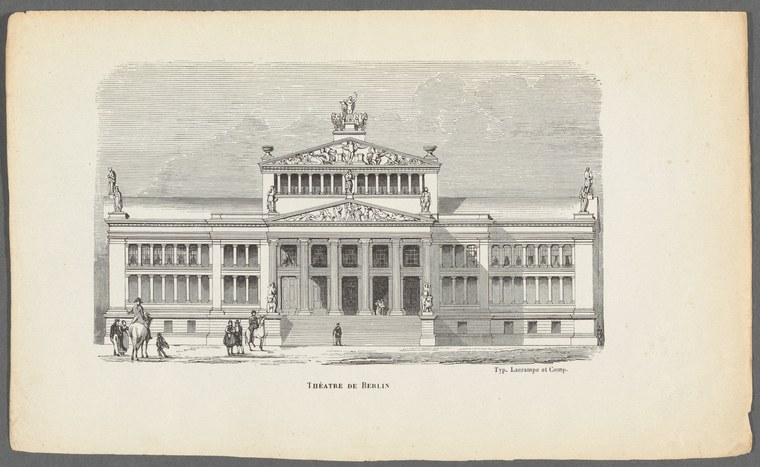 Neoclassical theatre facade with symmetrical rows of windows, sculptural ornament, and a domed pavilion atop, with pedestrians and carriages in the plaza below.