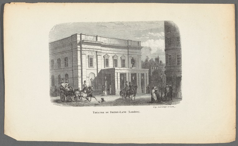 Nineteenth-century engraving of Theatre Royal Drury Lane in London, with crowds and carriages before the columned entrance.