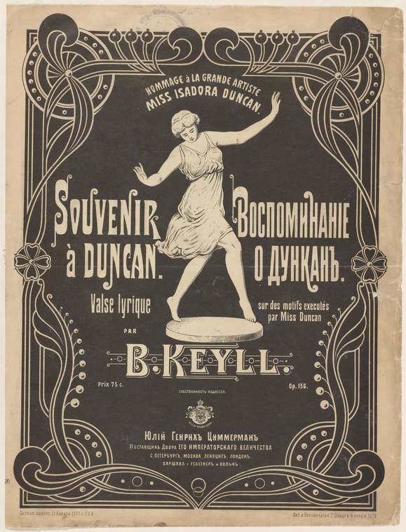 Elegant female figure in classical draped gown, posed with raised arm, on an Art Nouveau decorated sheet music cover honoring Isadora Duncan.