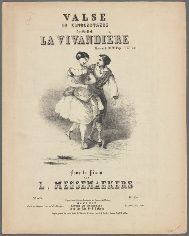 Lithograph of a man in military uniform and a woman in a pale dress in a closed waltz position, mid-nineteenth century.