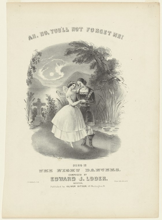 Woman in white ballet dress poses in moonlit forest beside uniformed man; theatrical song sheet illustration