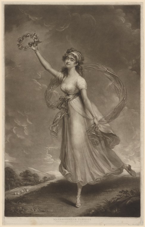 A young woman in white muslin and a wreath stands mid-leap with extended leg and arched back, holding flowers aloft against a stormy landscape.