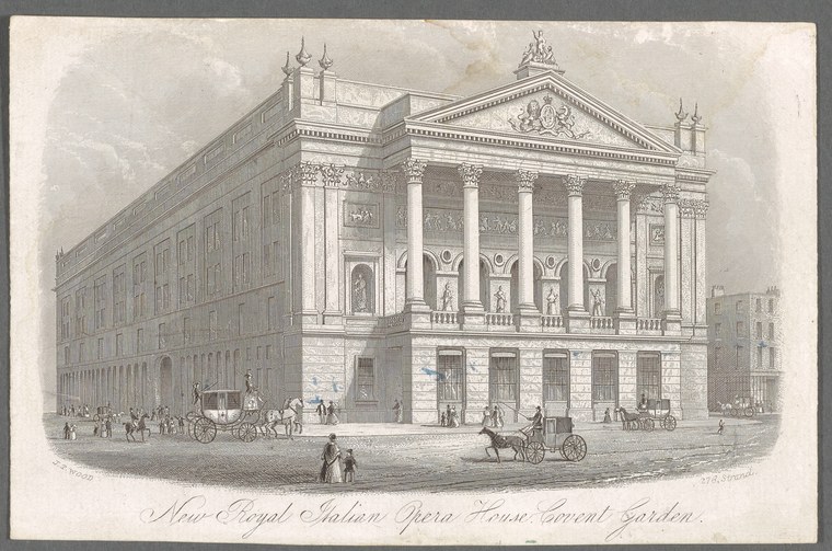 Engraving of the New Royal Italian Opera House at Covent Garden, a grand classical building with columned portico, surrounded by street life and carriages.