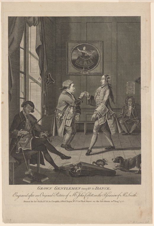 Engraving of three men in an 18th-century interior with a dancing master correcting an awkward gentleman's posture while another watches.