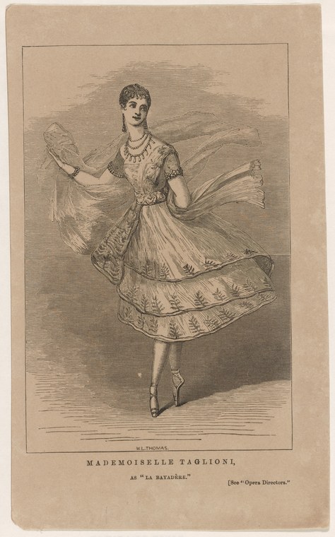 Woman in pale tunic with embroidered borders rises on pointe in an arabesque pose, arms raised with flowing drapery, in an engraved theatrical portrait.