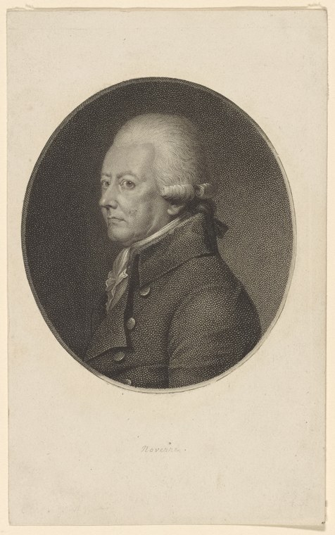 Engraved portrait of a man in 18th-century dress shown in profile, shoulders and head in an oval frame.