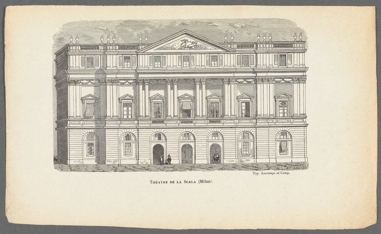 Neoclassical façade of the Teatro alla Scala in Milan, rendered in architectural engraving with three stories of ordered windows and columned portico.