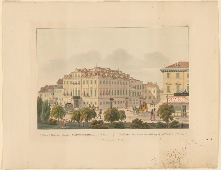 Hand-colored engraving of a grand neoclassical theatre building in Vienna with a fashionable crowd in Empire-line dress on the waterfront below.