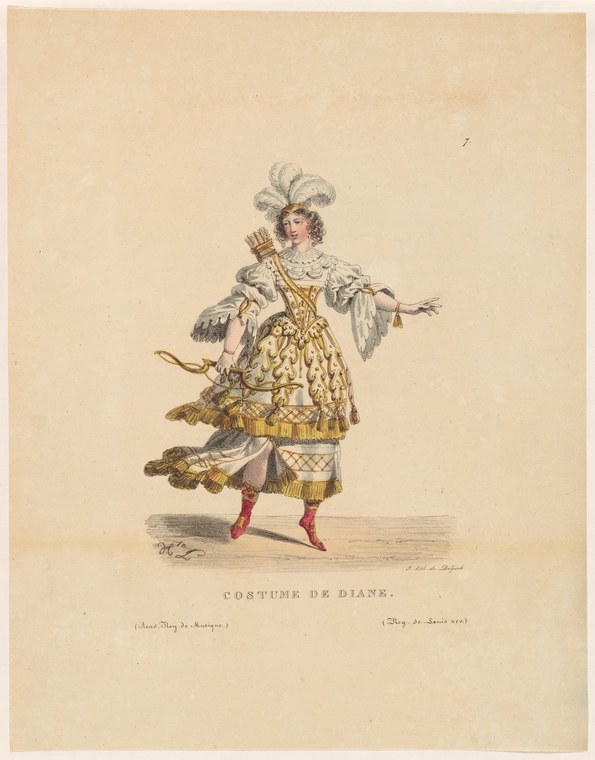 Hand-colored engraving of a woman in elaborate 18th-century theatrical costume as Diana, the Roman goddess of the hunt, holding a bow.