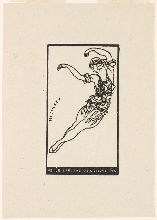 Engraving of a male dancer in mid-leap, body diagonal, arms framing his tilted head, wearing a decorated tunic and tights, with curved lines rising above him