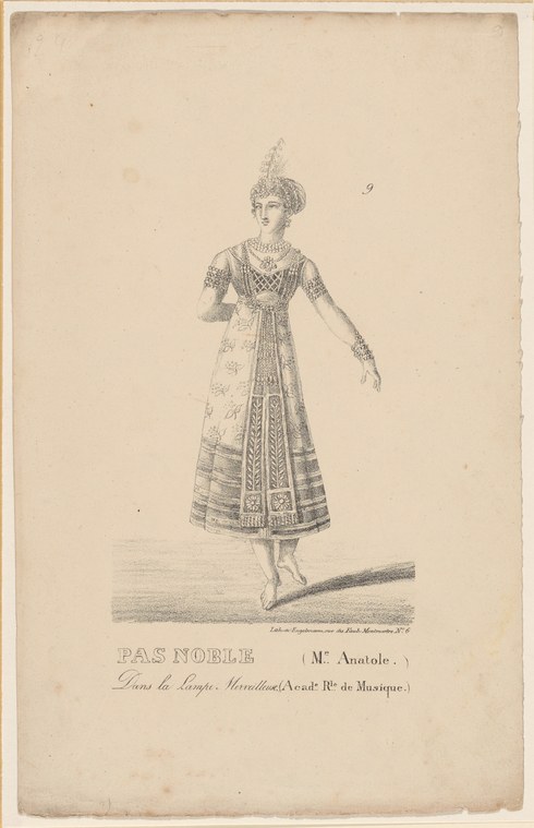 An 18th-century engraving of a woman in ornate dress with a feathered headdress, standing in an upright, formal dance pose with one arm extended.