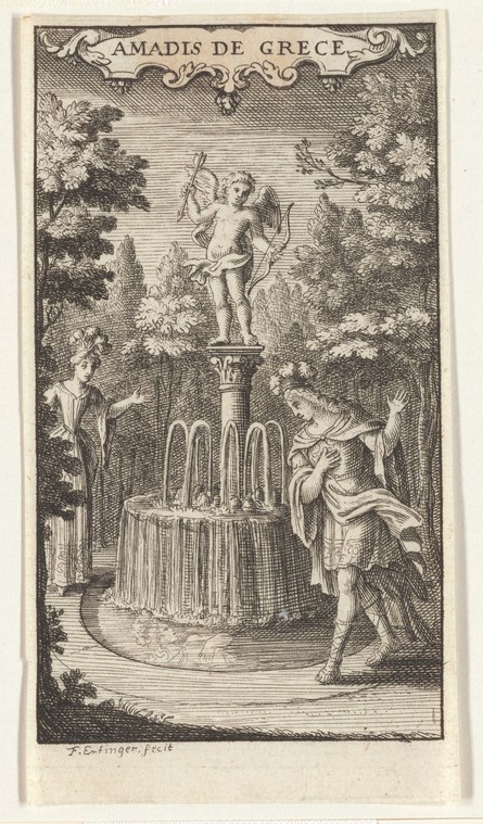 Engraving of a winged putto on a pedestal gesturing downward to two elegantly dressed figures in a garden setting.