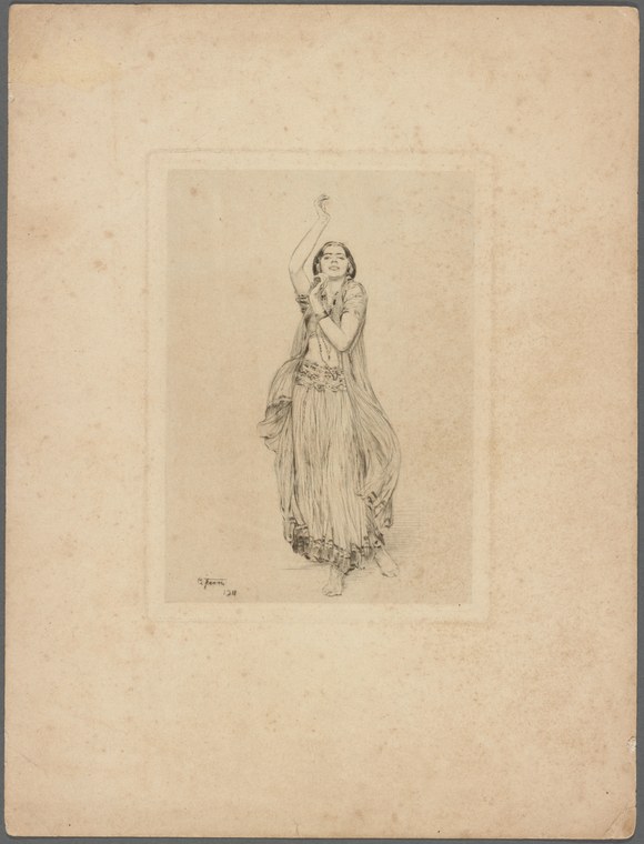 Standing woman in classical contrapposto, right arm raised gracefully, draped in a loose tunic, rendered in fine pen and ink.
