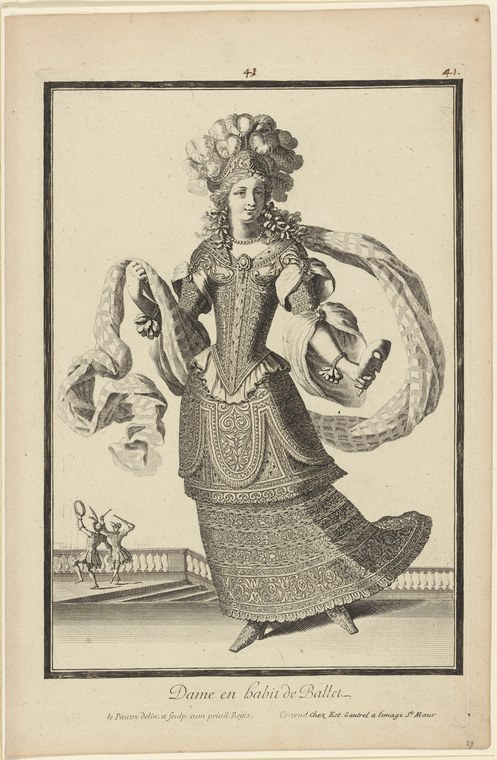 Engraving of a woman in elaborate baroque ballet costume with corseted bodice, plumed headdress, and flowing drapery, posed symmetrically against a plain