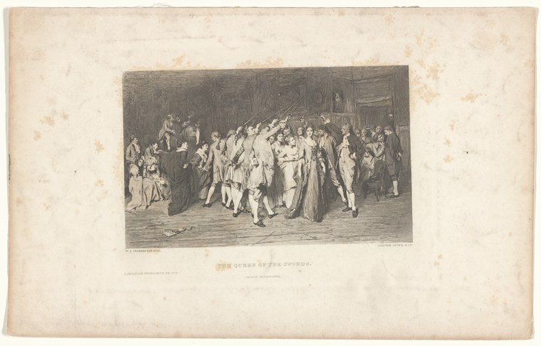 Engraving of a white-draped female performer in dramatic pose, surrounded by a dense crowd of formally dressed spectators in a classical interior.