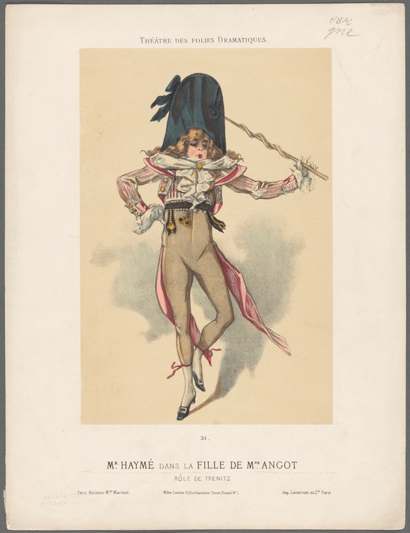 Hand-colored lithograph of a woman in a black hat with red bow, white puffed-sleeve chemise, and beige skirt, holding a stick, posed as a theatrical character.