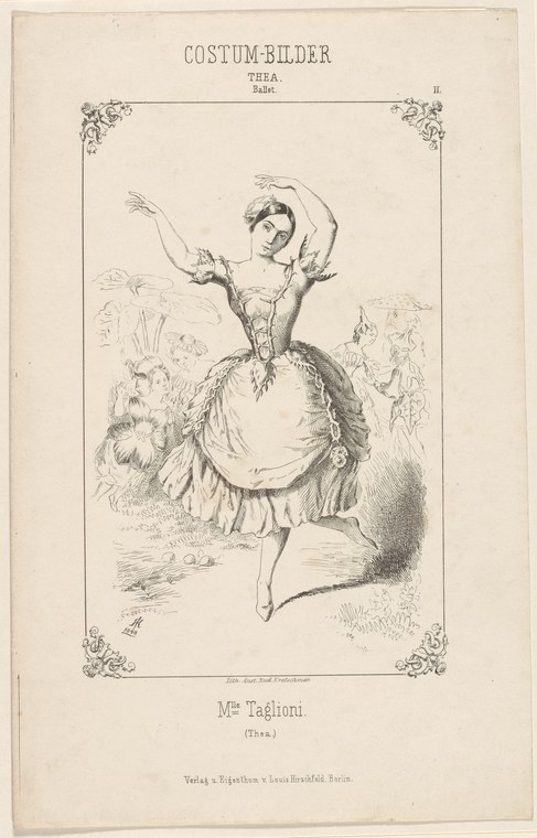 Young woman in a pale Romantic-era ballet dress, arched backward in an arabesque pose with one arm raised and one leg extended.