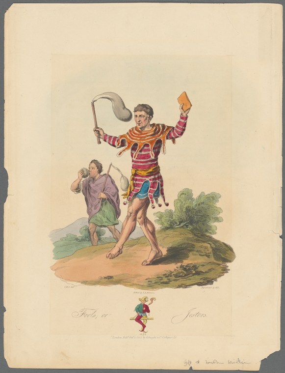 An 18th-century engraving of a fool in striped costume holding an inflated bladder prop, accompanied by a musician playing a pipe.