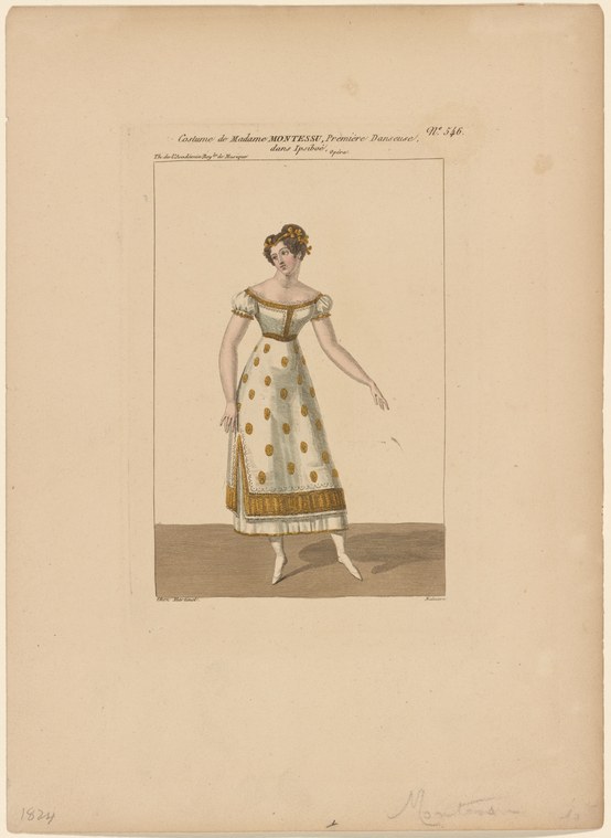Hand-coloured engraving of a woman in high-waisted muslin gown with golden embroidery, standing in a relaxed pose against a plain background.