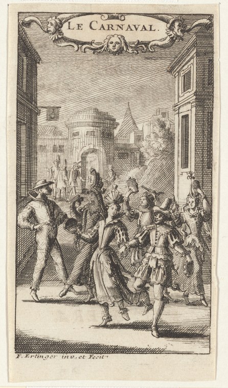 Engraving of masked and costumed figures in a crowded carnival street scene framed by Renaissance architecture.