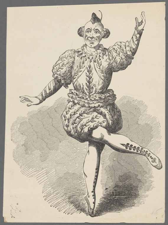 Engraved figure of a male clown in ornate patterned costume, balanced on one leg with the other leg extended high, arms spread wide, grinning impishly.