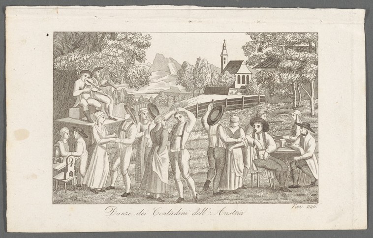Engraving of couples and peasants dancing outdoors in an Alpine valley, with a church visible in the distance.