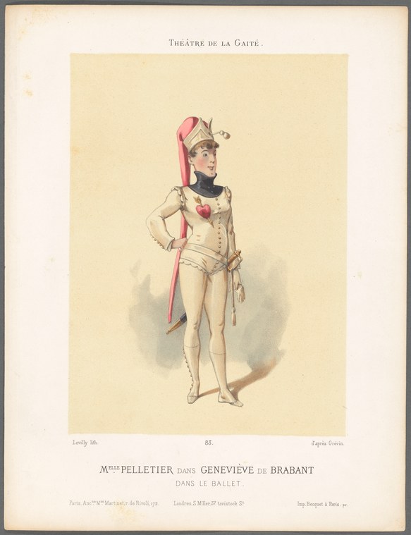 A young woman in a classical white tunic with a pink draped cape stands in a relaxed pose, wearing a plumed military-style headdress.