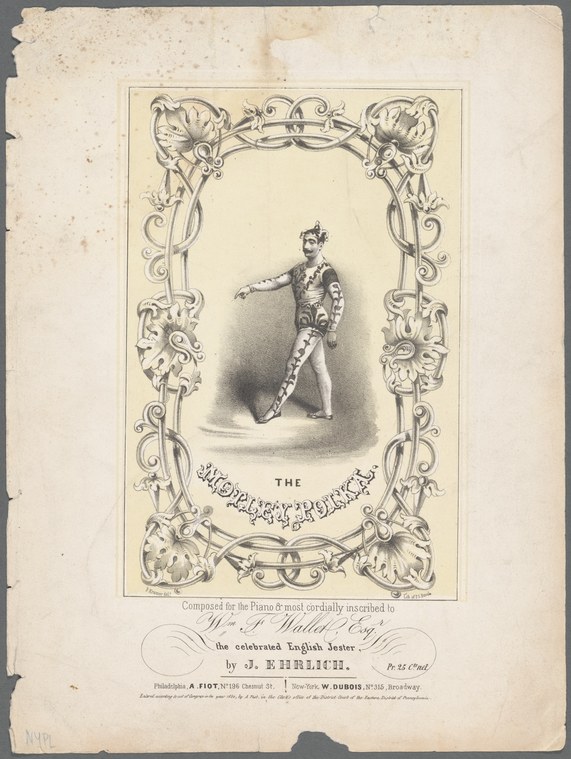 Lithographic print of a man in ornate theatrical costume performing solo, framed by elaborate decorative border.