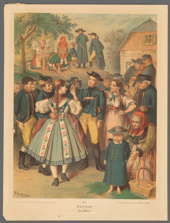 Hand-colored engraving of a Bohemian village dance: a woman in a green dirndl with embroidered apron stands with raised arms among costumed dancers in a