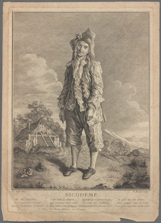 Engraving of a man in 18th-century rustic costume standing with right arm extended, facing the viewer against a landscape background.